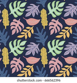 Colorful seamless vector pattern with leaves on the dark background