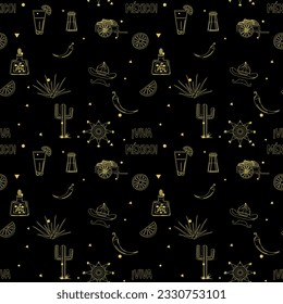 Colorful Seamless Vector Pattern with Mexican Cultural Elements: Cactus, Piñata, Tequila, and More. Ideal for Design Projects, Menus, Invitations, and Packaging.