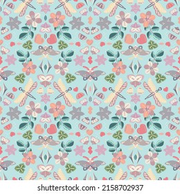 Colorful seamless vector pattern in a modern floral style with insects and flowers. Modern exotic Summer floral repeat background for fabrics. Butterfly design for paper, cover, fabric, interior decor