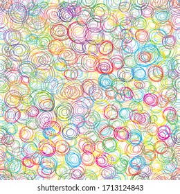 Colorful seamless vector pattern of multicolored scribbled chaotic circles and lines. Background template. Hand drawn illustration. EPS10.