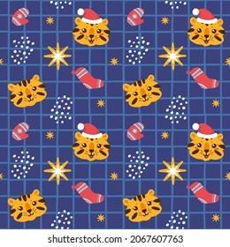 Colorful seamless vector pattern with new year tigers and Santa hats