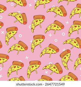 Colorful seamless vector pattern with pizza slices in cartoon stylisation. Pop art wallpaper. Trendy food background in flat doodle style