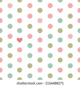 Colorful seamless vector pattern with polka dots and hearts isolated on white background. Flat style design. Vintage texture for wrapping paper, print, card, gift, fabric, textile, wallpaper.