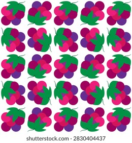 Colorful seamless vector pattern of purple grape bunches with green leaves isolated on white background. Great for wine packaging, kitchen decor, textiles, wallpapers, and graphics
