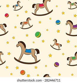 Colorful seamless vector pattern with rocking-horses, balls and stars.