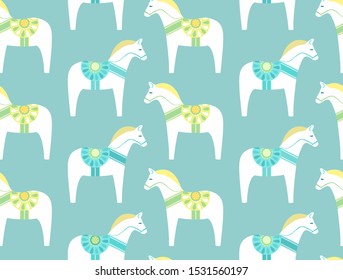 Colorful seamless vector pattern with Scandinavian Christmas dala horses, Dalecarlian horse