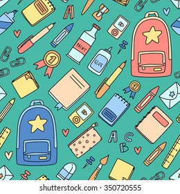 Colorful seamless vector pattern with school supplies: backpack, marker, notebook, pencil case, pencil, pen, sticker, glue, paint, pin, paper clip, eraser and other stationery. 