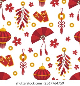 A colorful seamless vector pattern of traditional Chinese New Year lanterns, coins, and fans. Ideal for festive decor, packaging, or textile design projects.