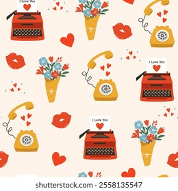 Colorful seamless vector pattern for Valentine's Day. Vintage typewriter, bouquet, retro telephone, red lips and hearts on a light background. Love concept. Happy Valentine’s day.