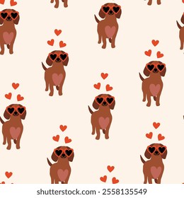 Colorful seamless vector pattern for Valentine's Day. Cute dachshund in heart shaped glasses and red hearts on a light background. Love concept. Happy Valentine’s day.