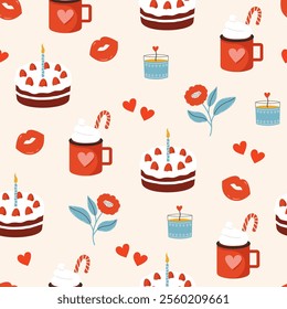 Colorful seamless vector pattern for Valentine's Day. Festive cake with cream, mug of hot chocolate, flower, red lips and candle on a light background. Love concept. Happy Valentine’s day.