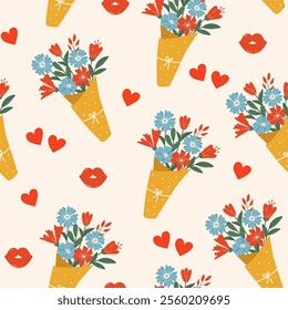 Colorful seamless vector pattern for Valentine's Day. Beautiful bouquet and red lips with hearts on a light background. Love concept. Happy Valentine’s day.