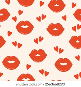 Colorful seamless vector pattern for Valentine's Day. Romantic red hearts and lips on a light background. Love concept. Happy Valentine’s day.