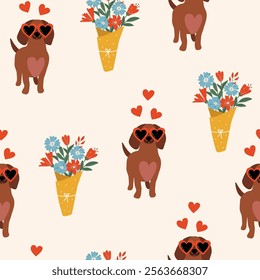 Colorful seamless vector pattern for Valentine's Day. Cute dachshund in heart shaped glasses and a bouquet of flowers on a light background. Love concept. Happy Valentine’s day.