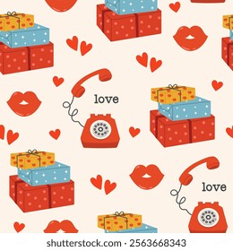 Colorful seamless vector pattern for Valentine's Day. Gifts, retro phone, lips and red hearts on a light background. Love concept. Happy Valentine’s day