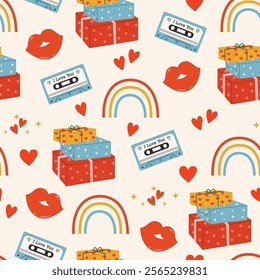 Colorful seamless vector pattern for Valentine's Day. Gifts, red hearts, red lips, rainbows and a cassette tape from the 90s on a light background. Love concept. Happy Valentine’s day.