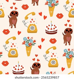 Colorful seamless vector pattern for Valentine's Day. Cute dachshund in heart shaped glasses, bouquet, cake with cream, retro phone and red hearts on a light background. Happy Valentine’s day.