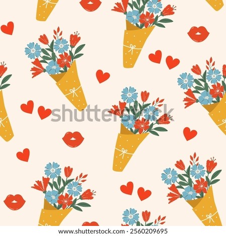 Colorful seamless vector pattern for Valentine's Day. Beautiful bouquet and red lips with hearts on a light background. Love concept. Happy Valentine’s day.