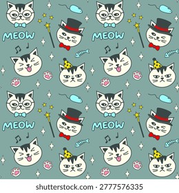 A colorful seamless vector pattern with various cartoon cat heads. Flat doodle style, suitable for children's apparel, nursery decor, wrapping paper, party background.