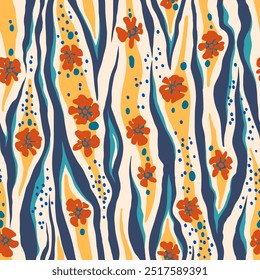 Colorful seamless vector pattern with vertical tiger stripes, flowers and specks.