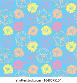 Colorful seamless vector pattern with wild roses flowers. Hand drawn flower doodle pattern. Rose hip flowers full in bloom.  Botanical print for fabric, textile, wrapping paper.