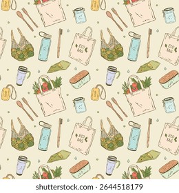 Colorful seamless vector pattern of zero waste essentials in hand-drawn doodle style. Includes reusable eco items like bags, bottles, containers, and natural accessories