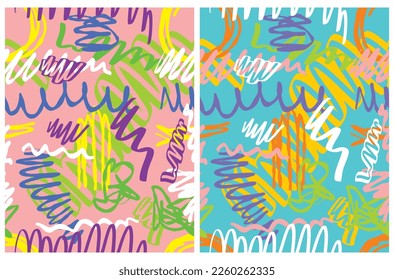Colorful Seamless Vector Patterns with Hand Drawn Wavy Lines, Zig zags and Circles on a Light Pink and Blue Background. Irregular Abstract Doodle Repeatable Print ideal for Fabric, Wrapping Paper.
