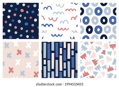 Coloridos patrones vectoriales sin fisuras con formas geométricas y elementos de moda. Fondo abstracto vectorial para impresiones y textiles. Ilustraciones planas modernas. Conjunto de fondos geométricos simples