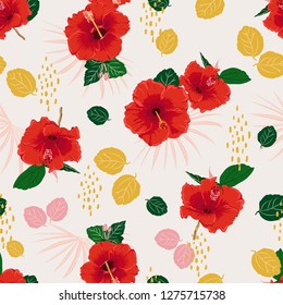 Colorful  seamless vector red  hibiscus exotic floral pattern, spring summer with tropical flowers, palm leaves, Hawaiian style design for fashion fabric,wallpaper,web and all prints on light grey 