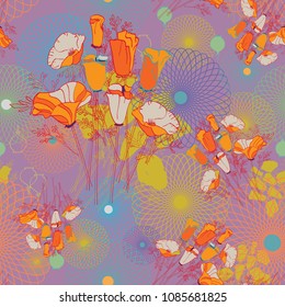 colorful seamless vector repeat with California poppies and spirographs