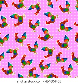 Colorful seamless vector rooster symbol of 2017 on pink background.