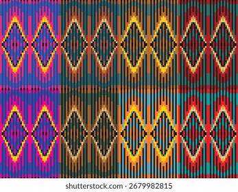 Patrón tribal de Vector inconsútil colorido con motivos de diamantes. Diseño textil geométrico vibrante para estampados de moda, decoración del hogar, embalaje y fondos.