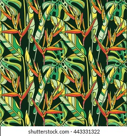 Colorful seamless vector tropical pattern with heliconia flowers