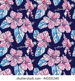 Colorful seamless vector tropical pattern with hibiscuses