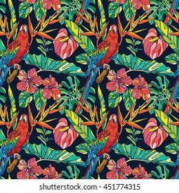 Colorful seamless vector tropical pattern with ara parrot