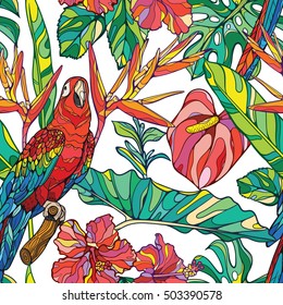 Colorful seamless vector tropical pattern with ara parrot