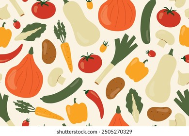 Patrón vegetal inconsútil colorido: pepino, calabaza, puerro, chile, pimienta, ajo, calabacín, patata, zanahoria, tomate, lechuga- Ilustración vectorial