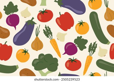 colorful seamless vegetable pattern: onion, garlic, zucchini, eggplant, potato, beetroot, carrot, broccoli, pepper, tomato- vector illustration