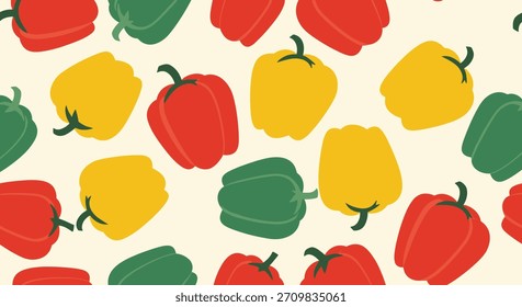 Padrão vegetal colorido sem emenda com pimentões vermelhos, amarelos e verdes espalhados em um fundo de cor creme clara.