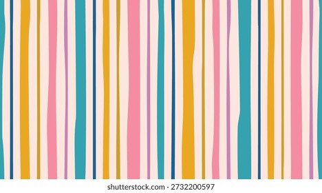 A colorful seamless vertical stripe pattern with irregular, hand drawn lines. This striped retro design in pink, blue, teal, and yellow is great for fabric, backgrounds, and kids' projects.