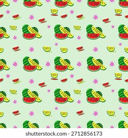 Padrão de frutas de melancia sem costura colorida em estilo de desenho animado divertido. Projeto vetorial fresco com tema de verão perfeito para tecido, papel de embrulho, papel de parede, impressões têxteis e projetos digitais.