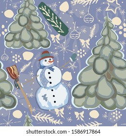 Colorful Seamless Winter Pattern with cute Snowman and Spruce Trees. Vector illustration