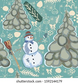 Colorful Seamless Winter Pattern with cute Snowman and Spruce Trees. Vector illustration