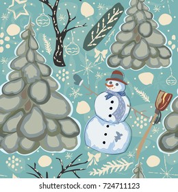 Colorful Seamless Winter Pattern with cute Snowman and Spruce Trees. Vector illustration