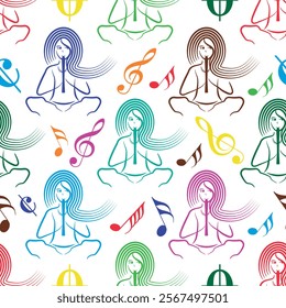 Colorful seamless woman playing flute recorder background vector.