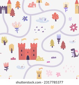 A colorful seamless wonderland map pattern with castles and dragons on a white background. Concept for kids linen, clothing, wrapping paper.
