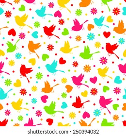  colorful seamless,pattern of  bird,flower and hearts on a white background, vector