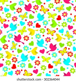  colorful seamless,pattern of birds, butterfly and flowers on a white background, vector