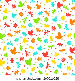  colorful seamless,pattern of birds, dragonflies, bees and flowers on a white background, vector