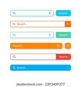 Colorful search bar templates. Internet browser engine with search box, address bar and text field. UI design, website interface element with web icons and push button. Vector illustration
